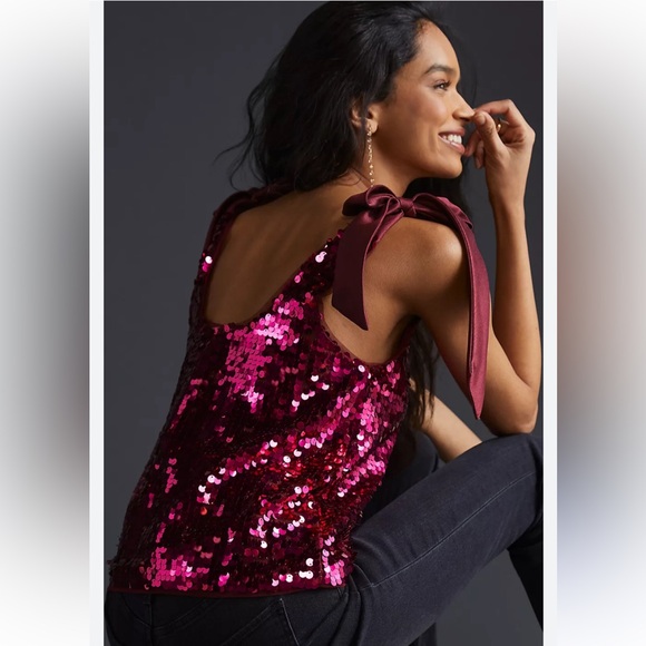 NWT Anthropologie Petite Maeve Sequin Tie Shoulder Top Sz LP - Picture 2 of 11